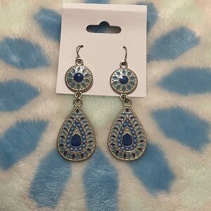 Turquoise and Navy Stones on Silver Tone Metal Dangling Earrings